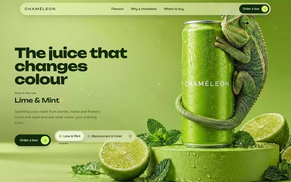 Сайт сока Chameleon в зелёном цвете — первый экран целиком